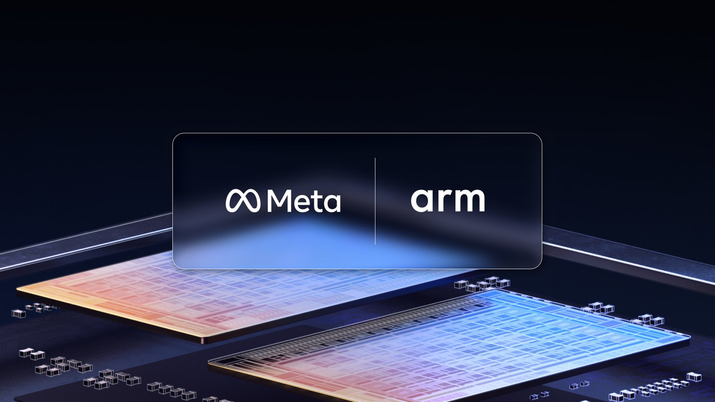 Meta 와 ARM 의 파트너십 발표 히어로 이미지 — 두 개의 칩이 나란히 놓여 있다
