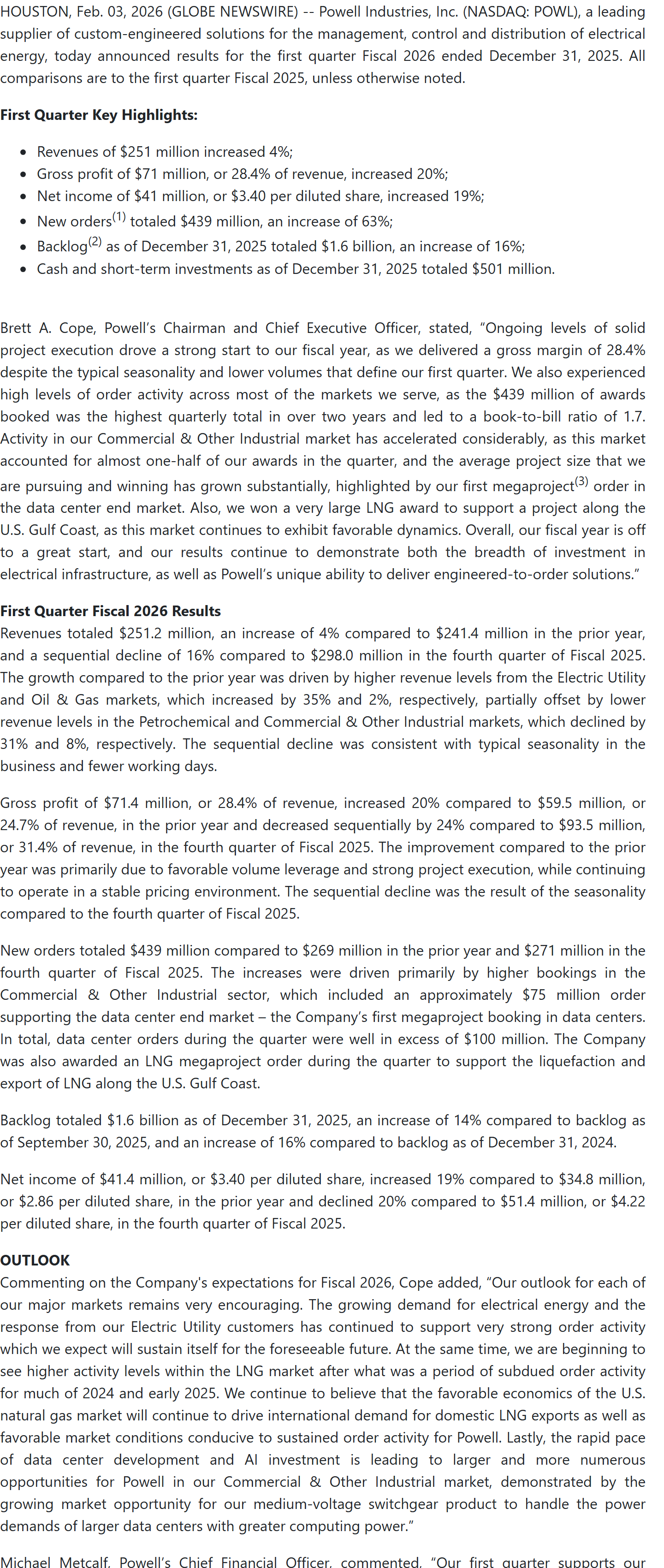 POWL Q1 FY2026 Press Release 렌더링 — 2026.02.03 공시 (직전 분기 자료 · 비교 기준선)